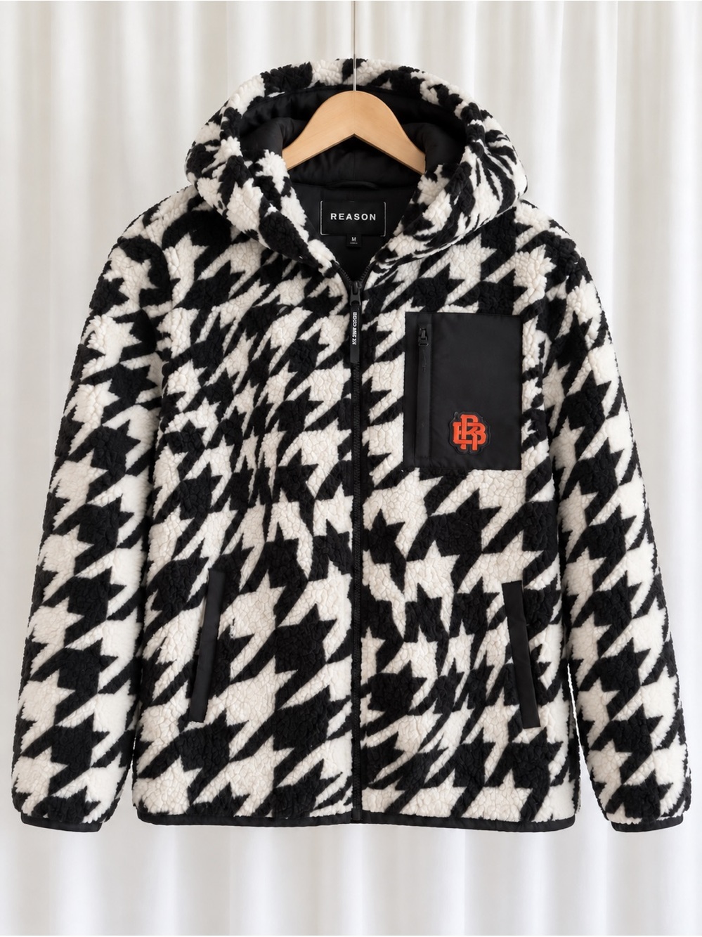 Reason New York Oreo Houndstooth Sherpa Fleece Hooded Zip Up Jacket Streetwear M